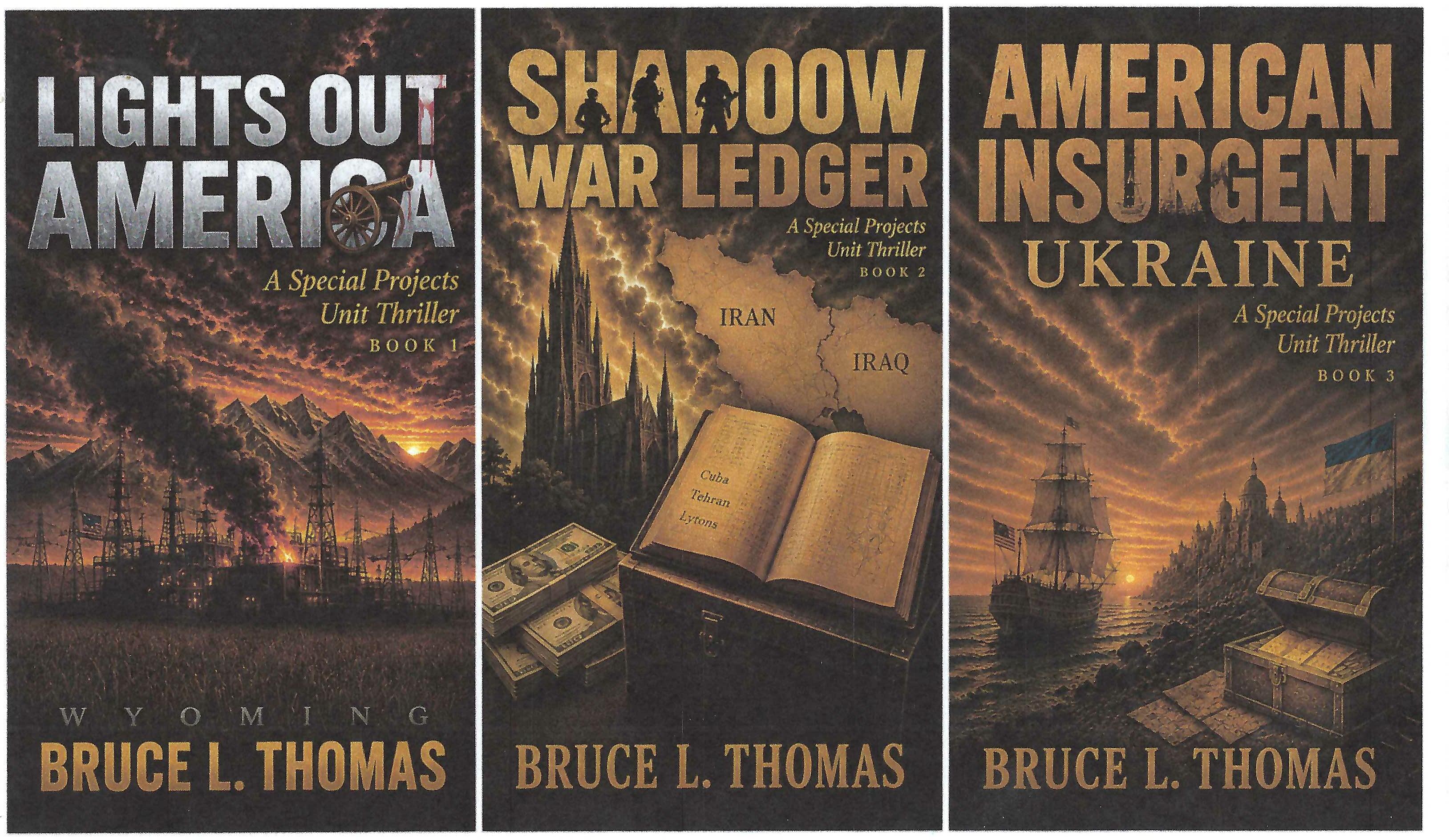 Three thriller book covers by Bruce Thomas.