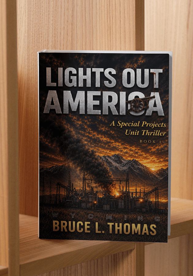 Book cover: "Lights Out America" on shelf.